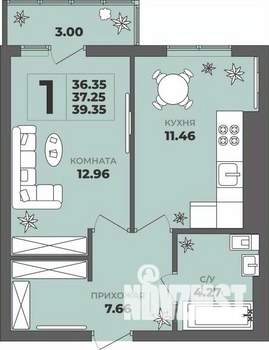 1-к квартира, строящийся дом, 37м2, 7/8 этаж