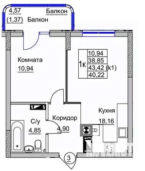 1-к квартира, вторичка, 40м2, 1/9 этаж