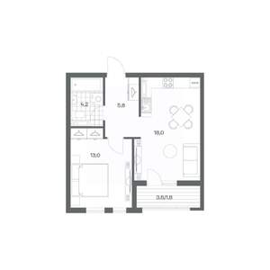 1-к квартира, строящийся дом, 43м2, 9/18 этаж