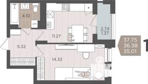 1-к квартира, строящийся дом, 36м2, 6/9 этаж
