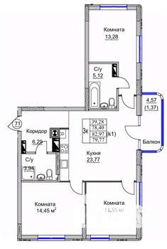 3-к квартира, вторичка, 80м2, 9/9 этаж