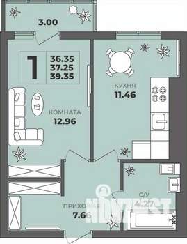 1-к квартира, строящийся дом, 37м2, 7/8 этаж
