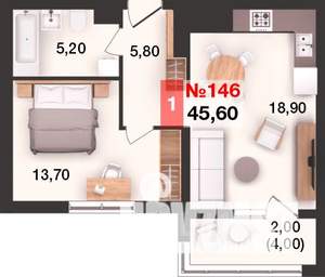 1-к квартира, вторичка, 46м2, 10/15 этаж