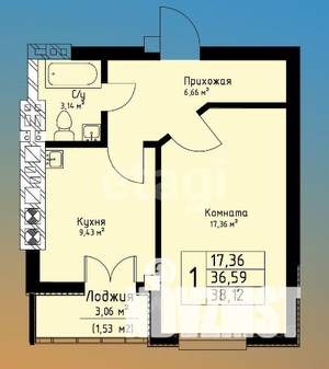 1-к квартира, вторичка, 38м2, 7/9 этаж
