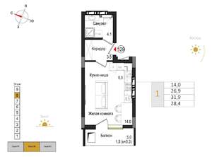 Студия квартира, вторичка, 28м2, 8/9 этаж