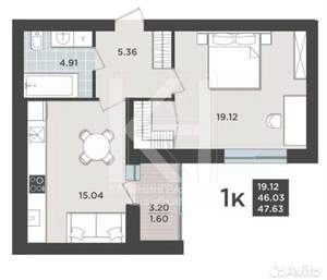 1-к квартира, вторичка, 46м2, 3/9 этаж