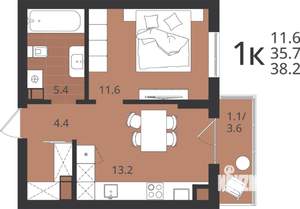 1-к квартира, вторичка, 36м2, 6/9 этаж
