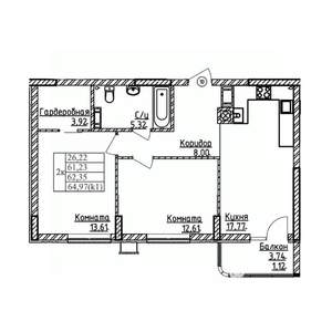 2-к квартира, строящийся дом, 62м2, 3/9 этаж