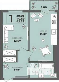 1-к квартира, вторичка, 41м2, 8/8 этаж