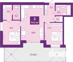 2-к квартира, вторичка, 74м2, 1/4 этаж