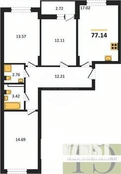 3-к квартира, вторичка, 77м2, 9/9 этаж