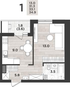 1-к квартира, вторичка, 33м2, 2/14 этаж