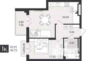 1-к квартира, сданный дом, 44м2, 4/4 этаж