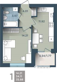 1-к квартира, строящийся дом, 36м2, 3/4 этаж