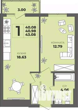 1-к квартира, строящийся дом, 41м2, 8/8 этаж