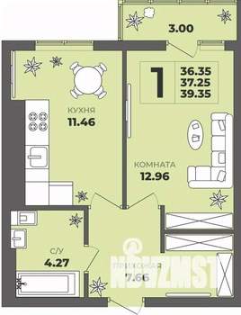 1-к квартира, строящийся дом, 37м2, 7/8 этаж