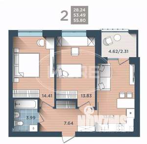 2-к квартира, вторичка, 54м2, 2/4 этаж