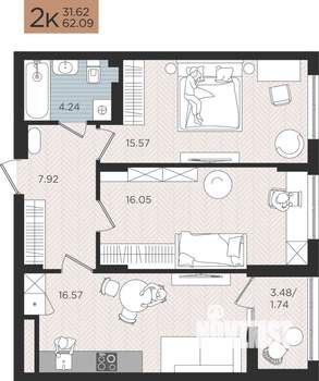 2-к квартира, строящийся дом, 62м2, 8/10 этаж