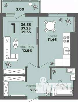 1-к квартира, строящийся дом, 37м2, 4/8 этаж