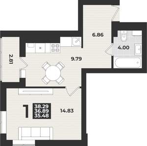 1-к квартира, вторичка, 38м2, 7/9 этаж