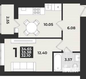 1-к квартира, вторичка, 35м2, 8/9 этаж