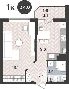 1-к квартира, строящийся дом, 34м2, 1/9 этаж