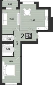 2-к квартира, вторичка, 61м2, 9/9 этаж