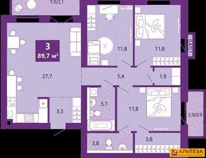 3-к квартира, вторичка, 91м2, 4/4 этаж