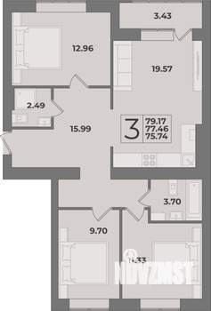 3-к квартира, строящийся дом, 79м2, 1/9 этаж