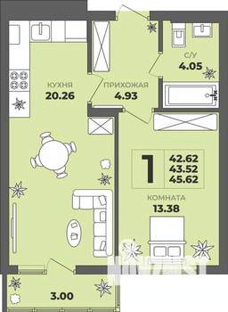 1-к квартира, строящийся дом, 44м2, 5/8 этаж