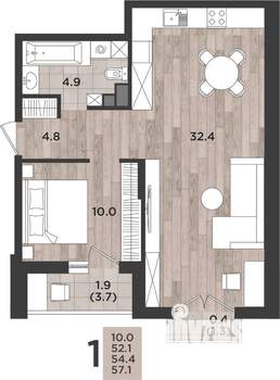 1-к квартира, вторичка, 54м2, 2/12 этаж