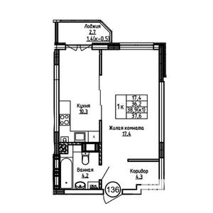 1-к квартира, вторичка, 38м2, 3/9 этаж