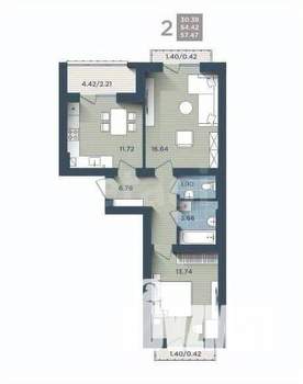 2-к квартира, вторичка, 58м2, 4/4 этаж