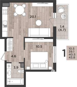 1-к квартира, вторичка, 41м2, 7/14 этаж