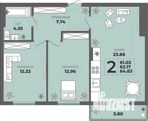 2-к квартира, строящийся дом, 62м2, 1/8 этаж