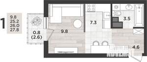 1-к квартира, вторичка, 26м2, 2/12 этаж