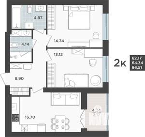 2-к квартира, строящийся дом, 64м2, 7/10 этаж