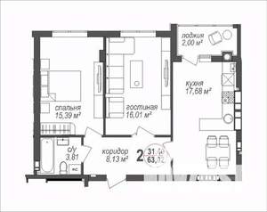 2-к квартира, строящийся дом, 63м2, 4/8 этаж