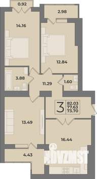 3-к квартира, строящийся дом, 82м2, 9/9 этаж