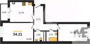 2-к квартира, вторичка, 54м2, 2/9 этаж