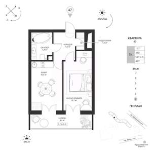 1-к квартира, вторичка, 47м2, 2/7 этаж