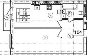 1-к квартира, строящийся дом, 46м2, 7/9 этаж