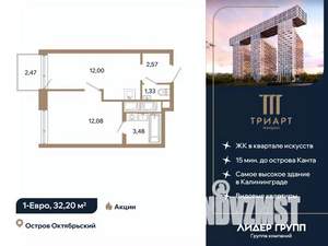 1-к квартира, вторичка, 32м2, 4/12 этаж