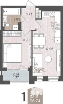1-к квартира, вторичка, 38м2, 5/9 этаж
