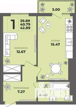 1-к квартира, строящийся дом, 41м2, 7/8 этаж