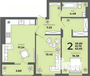 2-к квартира, вторичка, 62м2, 2/8 этаж