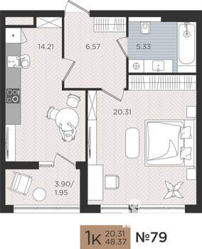 1-к квартира, вторичка, 48м2, 3/9 этаж