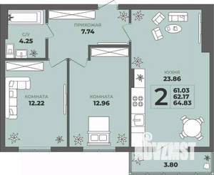 2-к квартира, строящийся дом, 62м2, 1/8 этаж