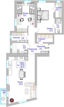 3-к квартира, вторичка, 98м2, 8/8 этаж