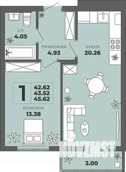 1-к квартира, строящийся дом, 44м2, 2/8 этаж